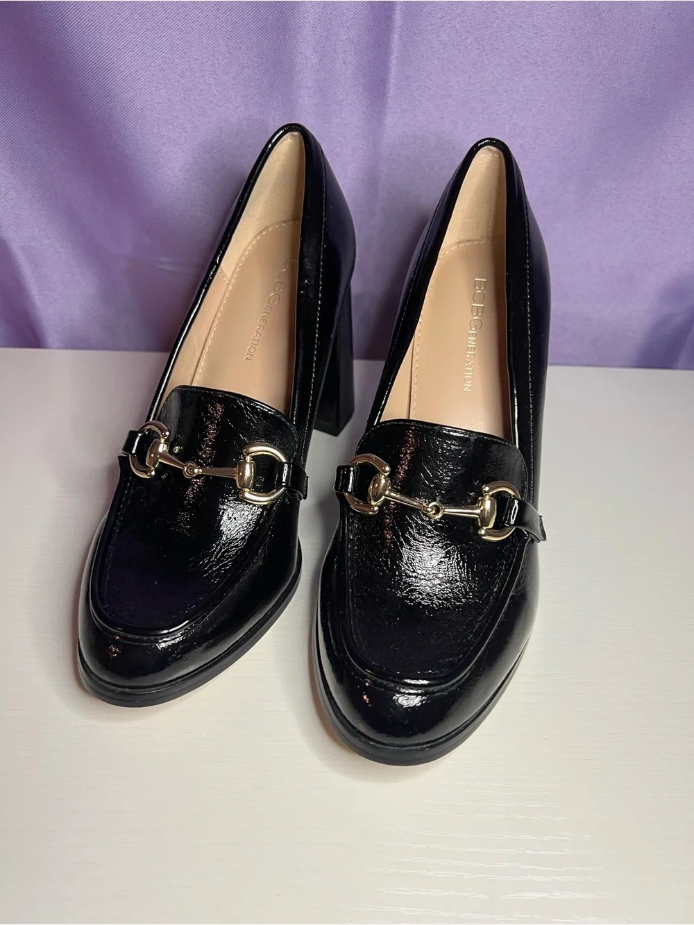 BCBGeneration Black Patent Block Heel Loafer Pumps with Gold Bit
